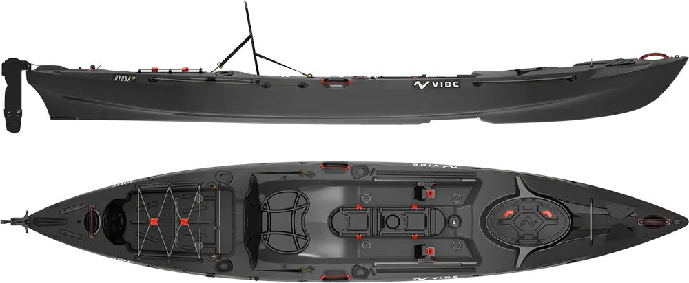 Vibe fishing kayak shown from the side and above