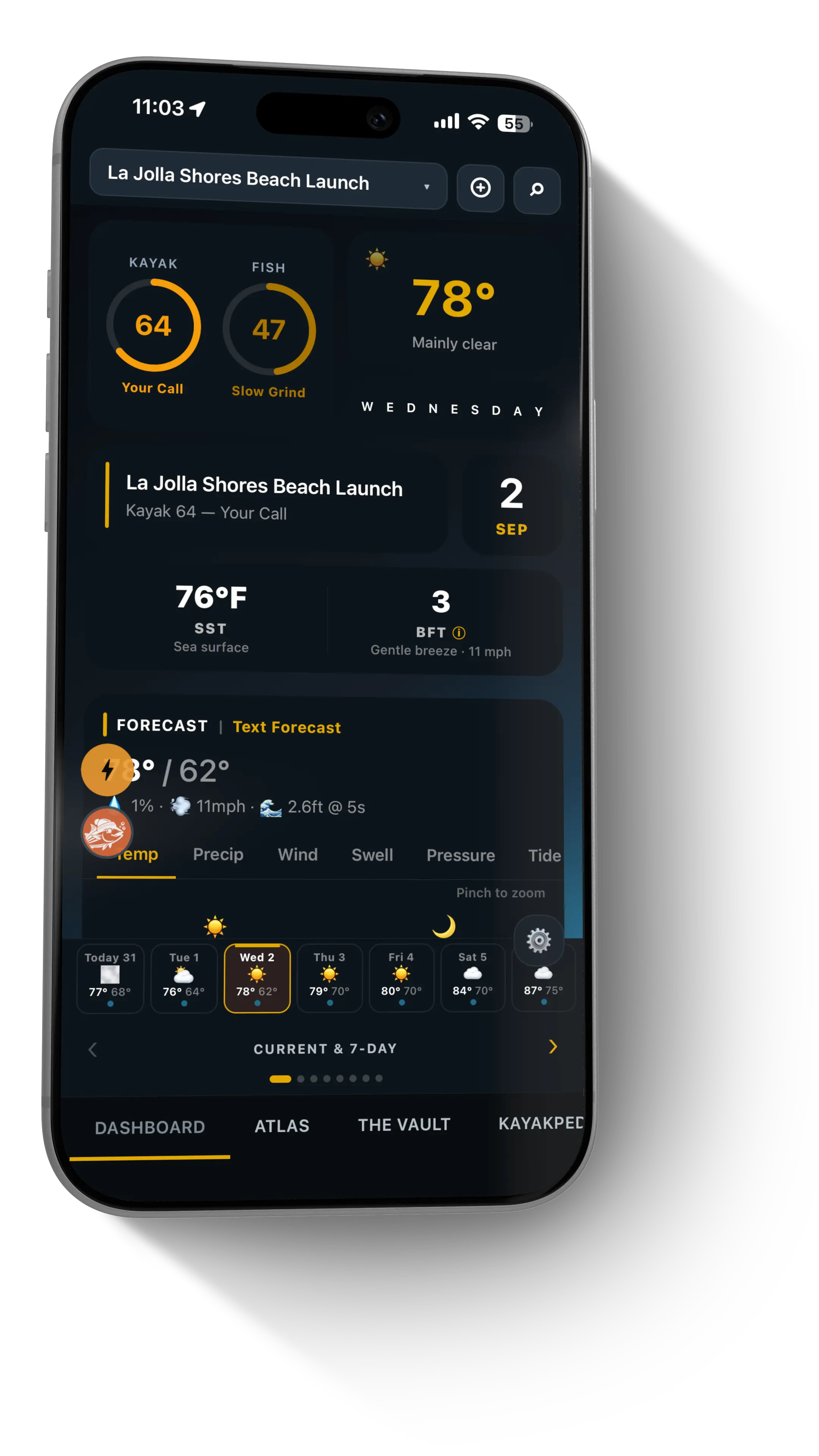 KayakVault on iPhone showing La Jolla Shores launch conditions and the seven-day forecast